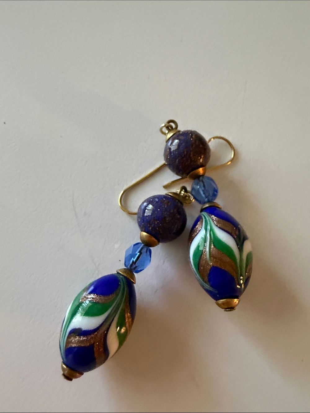 Source Unknown Blue, Green and Gold Venetian-Style Glass Drop Earrings